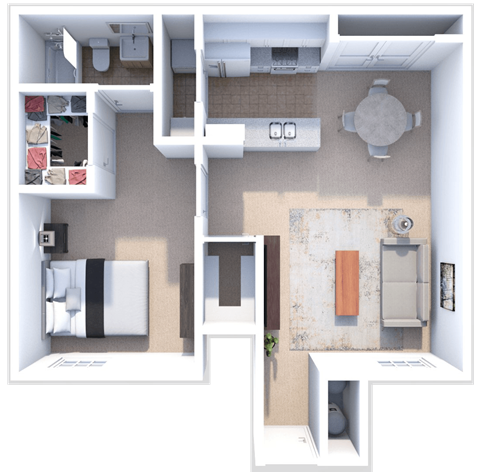 Floor plan for 1 bed, 1 bath, 770 sqft